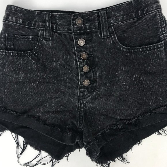 Hollister High Waisted Jean Short Shorts Black Denim Button Up Size 1 Waist 25 - Picture 2 of 5